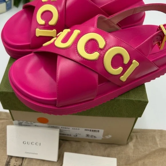 Women’s Gucci embellished Pink Sandals with Yellow Logo. Size 37.5!